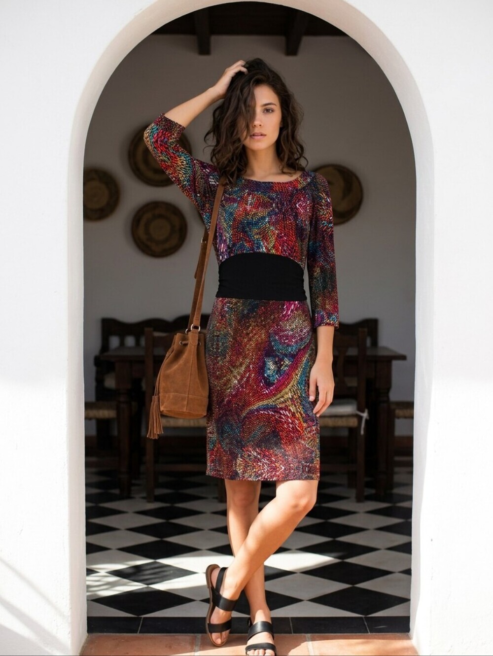 Trina Turk Size 6 Dress Black Colorful Kaleidoscope design 100% Silk